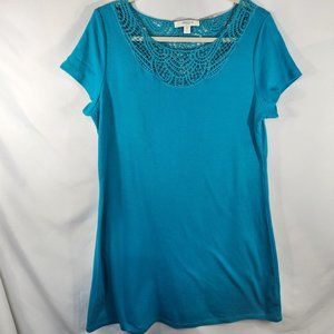 Liz Claiborne Women’s Blue Short Sleeve Dress Crochet Applique Size MP (K-23)